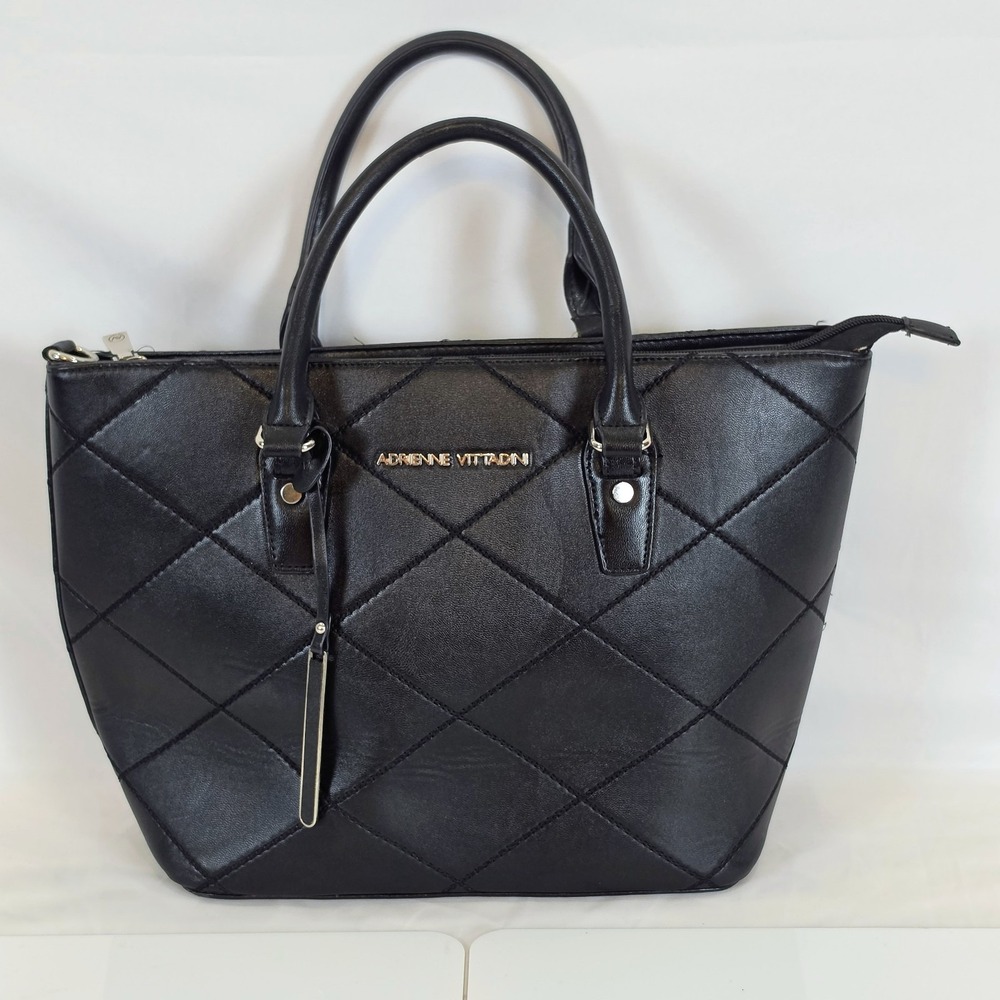 Adrienne Vittadini Black Quilted Faux Leather Satchel Tote Handbag Red Lining